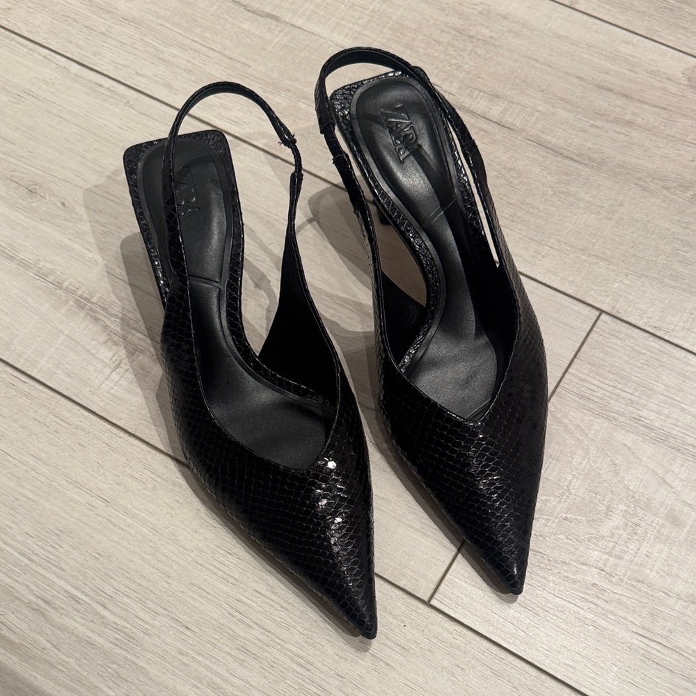 Zara Black Textured Slingback Heels